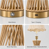 Lampe de table sans fil rechargeable simple pour décoration de mariage, avec corps en corde sablier et abat-jour en tissu floral, idéale pour événements, boutiques et hôtels