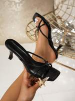 Sepatu Sandal Wanita Hak Kitten Hitam Model Square Toe Strappy Mule Heels Slip-On Elegan untuk Pesta