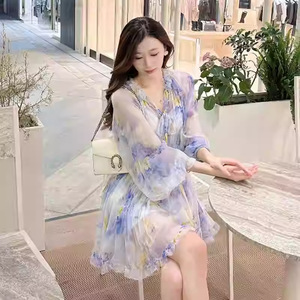 Vestido de seda de morera <span class=keywords><strong>ZIMMERMAN</strong></span>*2025 de primavera/otoño, dulce, antiestático, estampado, con volantes, de cintura alta, irregular y con cordones. - Product Image 4