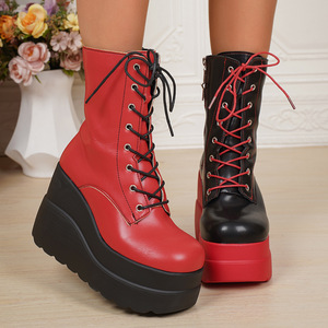 Bottes pour femmes, couleur contrastée, fermeture éclair latérale, petite plateforme, mi-<span class=keywords><strong>mollet</strong></span>, nouvelle taille grande, semelle épaisse, plateforme, bottes européennes et américaines - Product Image 1