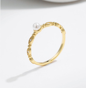Minimalist Single Pearl Inlaid Micro Zircon Wavy S925 Sterling Silver <b>Dainty</b> Freshwater Pearl Slim Stackable Band - Product Image 3