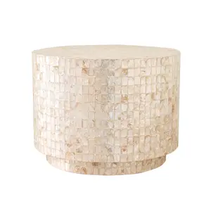 Eleganter weißer Perlmutt-Beistell tisch Runder Couch tisch für Wohnzimmer Sea Shell Mosaik Tisch für Zuhause