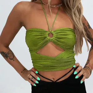 Moda verano nuevo diseño señora sexy Tops mujeres verde cuello Halter crop tops
