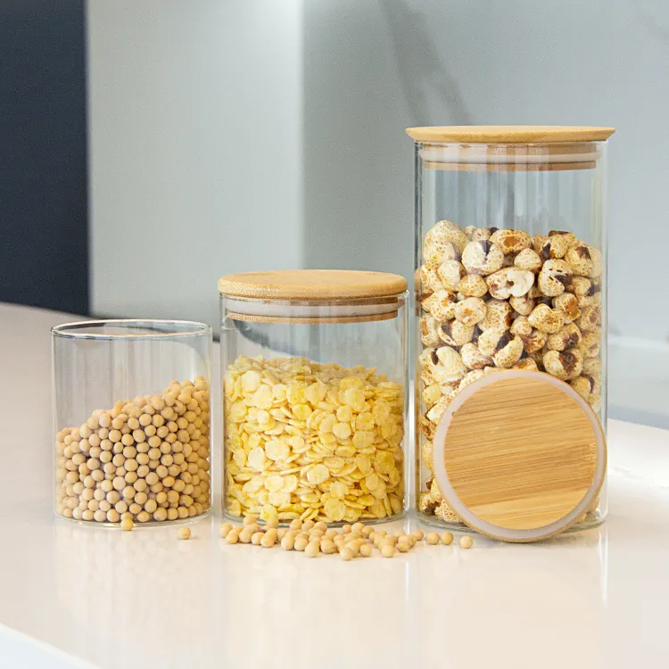 Ronde Keuken Kruidenopslag Borosilicaat Glazen Container Pot Bus Set Met Aangepaste Luchtdichte Bamboe Hout Deksels