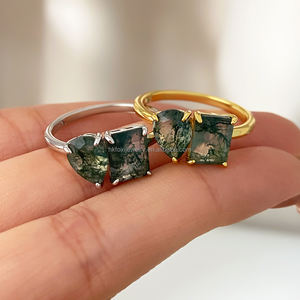 Bague de fiançailles classique personnalisée en gros, plaquée or 18 carats, avec pierre précieuse agate mousse, ajustable pour femme - Product Image 1