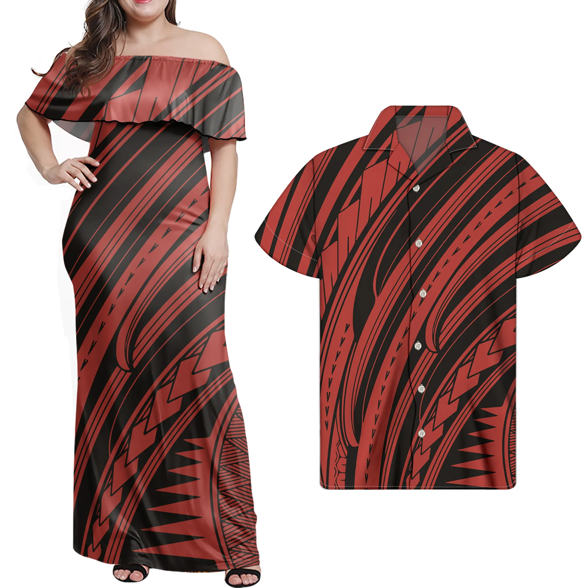 Original Red Polynesian Tribal Stripes Print Summer Couple Clothes 2 pcs Sets Women Ruffle Off Shoulder Dresses Match Men Shirts