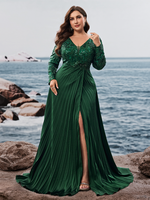 Robe de soirée pour femme, haut en dentelle, manches longues, jupe plissée à fente haute, couleur verte, grande taille