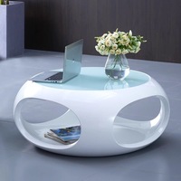 Table basse ronde moderne et écologique avec plateau en verre trempé et base en fibre de verre blanche pour salon, facile à nettoyer