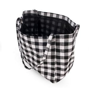 Eco Friendly Reusable Organic Calico Canvas <b>Tote</b> Plaid Stripes Grocery Shopping <b>Bags</b> With <b>Zipper</b> - Product Image 2