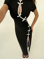 Robe longue Cheongsam noire pour femme, col mandarin, découpe frontale, manches courtes, moulante, fendue