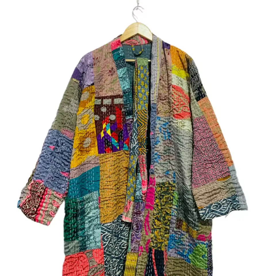 Jubah Patchwork Kantha jubah Multi Patch Kantha Kimono sutra buatan tangan India Kimono mantel panjang berenang pakaian malam gaun Multi Patch