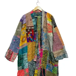 Chắp Vá Kantha Áo Đa Vá Kantha Kimono Lụa Ấn Độ Handmade Kimono Dài Áo Bơi Mặc Đêm Mặc Đa Các Bản Vá Lỗi Áo Choàng