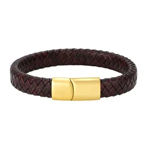 Gelang kulit baja tahan karat pria emas perak tanggal nama <span class=keywords><strong>LOGO</strong></span> gelang ukir kustom dengan gesper magnetik untuk ukiran - Product Image 1