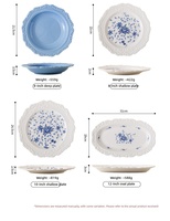 Assiettes et bols en céramique de style européen sculptés en relief, motif floral bleu élégant, style rétro, qualité restaurant pour usage quotidien