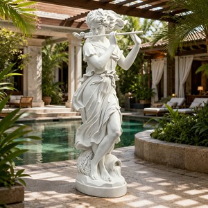 Statua Arcadiana di Flautista in Marmo Bianco Intagliata a Mano - Figura Femminile Pastorale Completamente Personalizzabile con Spiga di Grano e Urna, Benvenuti OEM/ODM - Product Image 2