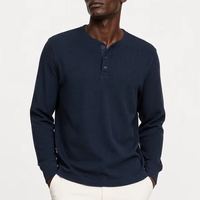 T-shirt thermique Henley gaufré à manches longues avec logo personnalisé, patte de boutonnage à 3 boutons, poignets côtelés, coupe oversize, vente en gros pour hommes