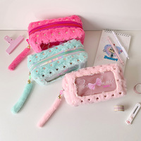 Trousse à crayons simple à imprimé nœud papillon, style couleur bonbon, en peluche, grande capacité, sac de rangement pour maquillage et articles de toilette, sac de rangement pour matériaux DIY