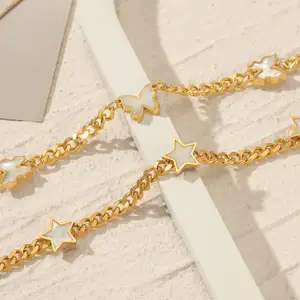 Fashion stainless steel 18K Five pointed Star Butterfly Necklace Women's Hip Hop Popular White Shell Inlaid Cuban Chain Jewelry
