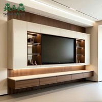 Meuble mural TV sur mesure sans poignées, style moderne, finition grain de noyer, hub multimédia haute capacité avec rangement intégré pour la maison