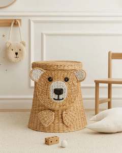 Handmade Natural <b>Water</b> <b>Hyacinth</b> Bear Animal Shape <b>Storage</b> <b>Basket</b> with Lid Eco-Friendly Woven Laundry <b>Basket</b> - Product Image 3
