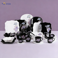 Lot de 58 pièces de vaisselle en verre opale noir et blanc avec motif feuillage, assiettes, bols, tasses et pot, pour le marché turc et égyptien
