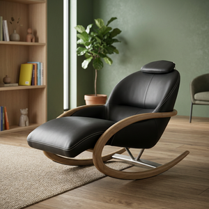 Modern Black PU Leather Rocking Recliner Chair With Wooden Frame Living Room Furniture Midcentury Style Manual Operation - Product Image 3