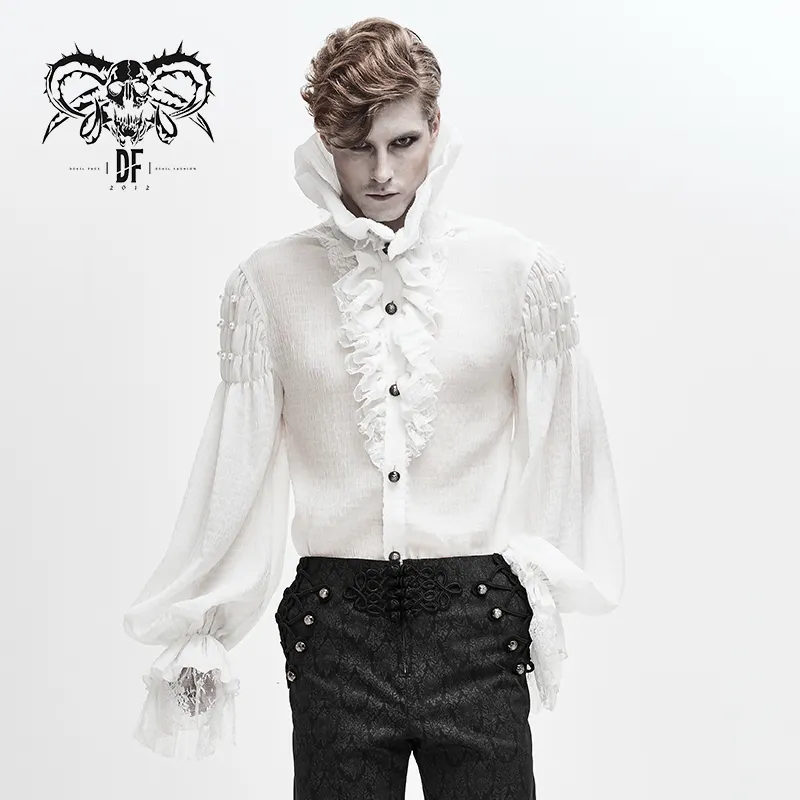 SHT05002 Gothic event mesh cuff stand collar pleated chiffon white flounces loose men shirts