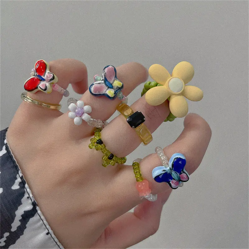 6 Stil Korean Cute Bunte Böhmen Kleine Blumen Ring Handgemachte Reis Perlen Stretch Ringe Für Frauen Strand Schmuck Geschenke