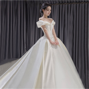 French Satin Wedding Dress Off Shoulder Sweetheart Neckline Ball Gown Natural Waist Simple Solid Color X037 - Product Image 4