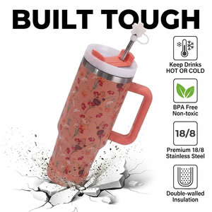 Gobelet isotherme sous vide en acier inoxydable 304 de 40 oz à motif floral, portable pour l'extérieur, avec poignée et paille, pour voiture - Product Image 3