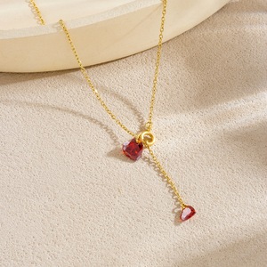 Stainless Steel Heart Pendant Necklace Red Rhinestone Clavicle Chain Gift Jewelry - Product Image 2