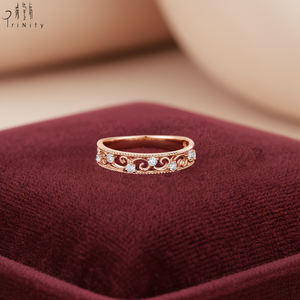 Bague en or rose massif 18 carats de haute qualité, design ajouré délicat vintage, avec diamant naturel véritable, pour femme, cadeau d'anniversaire de mariage - Product Image 5