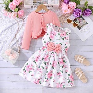 Conjunto de Ropa para Niñas de 2 a 8 Años, Estilo Moderno, Vestido Halter Floral y Abrigo de Punto de Manga Larga en Color Sólido para Bebés - Product Image 3