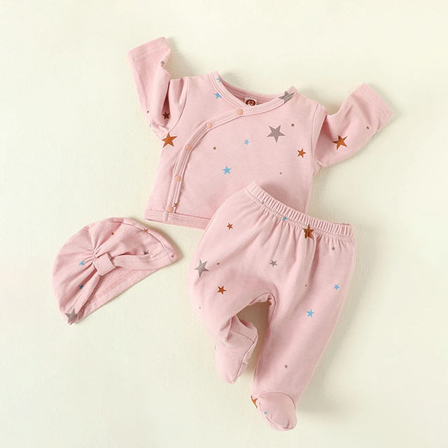 OEM ODM Cute Baby Clothes Star Print Sleep Top Footed Sleep Pants Hat Bamboo Pajamas Baby