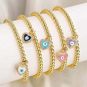 Venta caliente 18K chapado en oro latón esmalte forma de corazón Ojo Del Demonio ojo colgante pulsera con cuentas para mujer joyería - Product Image 1