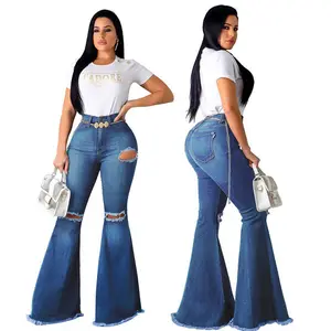 Jeans wanita ukuran besar Eropa dan Amerika, jeans pinggang tinggi berlubang robek, mengembang besar