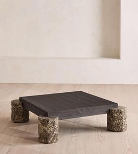 Mesa de Centro Cuadrada Personalizada con Tapa de Madera Oscura, Patas Cilíndricas de Piedra Natural Rústica, Estilo Wabi Sabi para Sala de Estar - Product Image 5