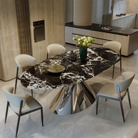 Table à manger ovale en pierre frittée avec 4 chaises et pieds robustes en acier au carbone pour hôtel, villa, maison et restaurant, usage quotidien