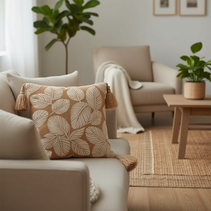 Cojín Decorativo Bordado Db de 50 cm Cuadrado, Color Marrón Claro, Diseño de Hojas, Estilo Transicional, con Adornos de Borlas - Product Image 2