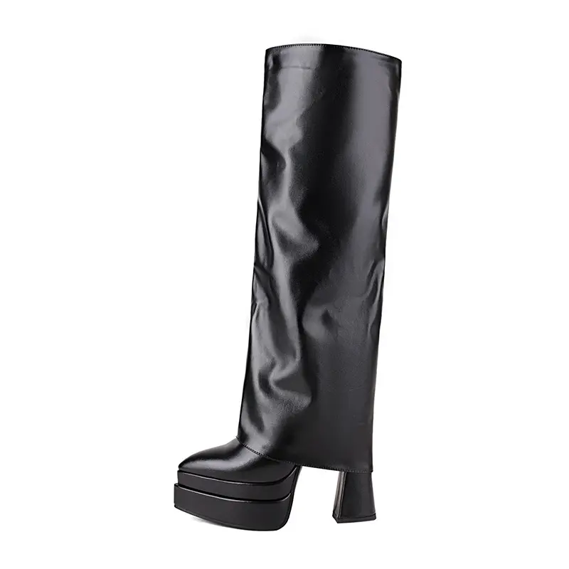 Overlay Wide Leg Fit Shoes Women High Chunky Heel Knee High Platform Boots Fold Over Square Toe Slip on Long Booties