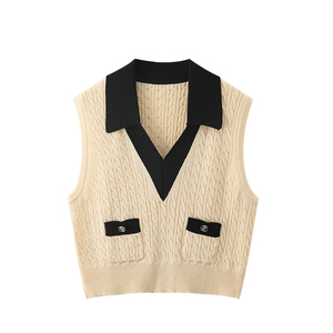 Printemps Nouveau v Col Rabattu Contraste Couleur <span class=keywords><strong>Gilet</strong></span> Tricoté Avec Poches - Product Image 1