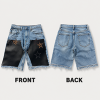 Shorts en jean tricoté pour homme, style streetwear décontracté, taille mi-haute, avec patchs étoiles, motif léopard, clous, épingles de sûreté, bords effilochés et boutons