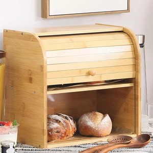 Bamboo Bread Box Double Layer Roll Top <b>Kitchen</b> Storage Natural Color Countertop Food Organizer - Product Image 2