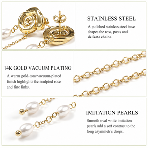 Boucles d'oreilles pendantes en acier inoxydable plaqué or 14 carats avec perle rose, longues boucles d'oreilles asymétriques avec chaîne en imitation perle - Product Image 3