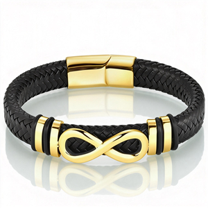 Brazalete de Cuero Genuino con Bucle Infinito de Acero Inoxidable Plateado Negro de Alta Calidad, Joyería para Hombre - Product Image 3