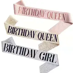 Venta al por mayor de alta calidad de papel de aluminio colorido 'Birthday Girl' Glitter Sash Custom Party Sash Rose Gold Glitter Queen Belt Ribbon