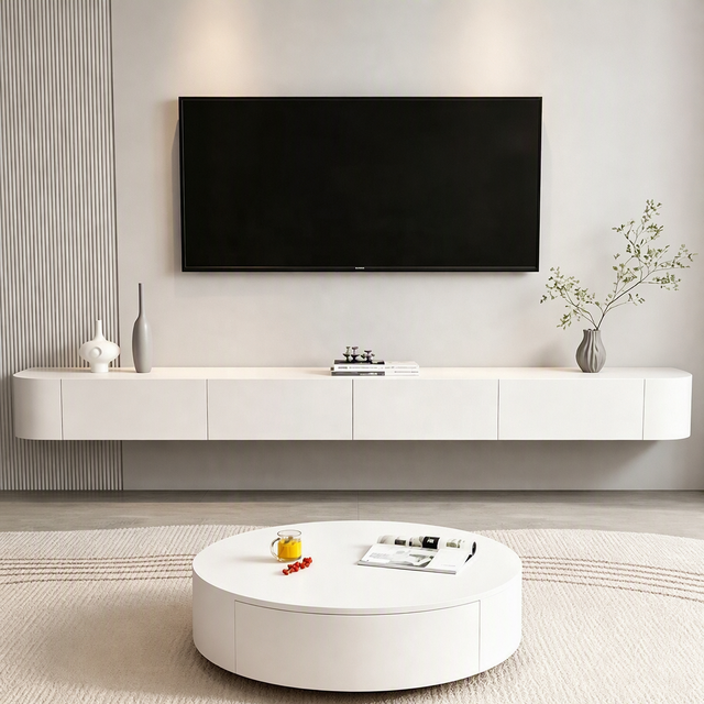 Modern White Floating Wood TV Stand Wall-Mounted Media Console with Storage for Living Room Fits 65in+ TVs Customized 120-300cm
