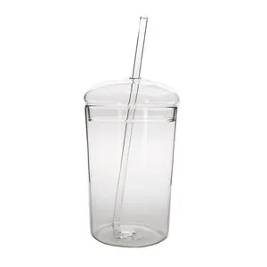 Taza de agua transparente con pajita y tapa, vaso de vidrio clásico, para café, regalos, baja cantidad mínima, para 1 usuario
