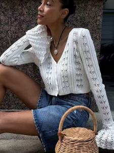 Nuevo Estilo, Cárdigan de Punto Calado para Mujer, Color Sólido, Manga Larga, Cuello en V, Top Corto para Vacaciones, Playa y Uso Diario - Product Image 5