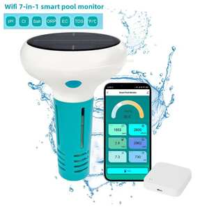 Dispositif de détection de la qualité de l'eau de <span class=keywords><strong>piscine</strong></span> solaire, précision 0,1 <span class=keywords><strong>pH</strong></span>, surveillance par application WIFI, analyseur de <span class=keywords><strong>pH</strong></span>, salinité, ORP et chlore résiduel - Product Image 1